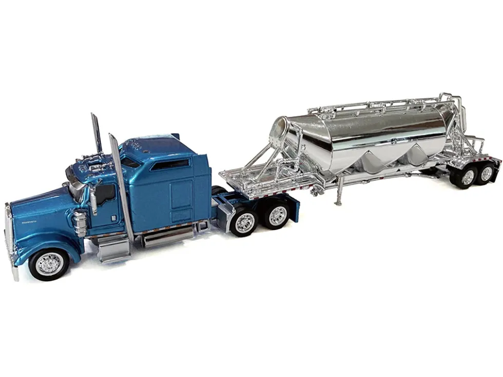 Kenworth W900L Truck Tractor with Sleeper Cab Blue Metallic and Pneumatic Tank Trailer Combo Set 1/87 (HO) Plastic Model Car by HO Logistics