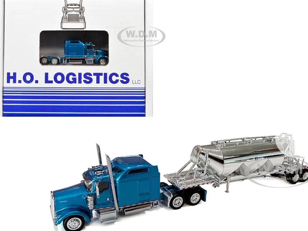 Kenworth W900L Truck Tractor with Sleeper Cab Blue Metallic and Pneumatic Tank Trailer Combo Set 1/87 (HO) Plastic Model Car by HO Logistics