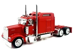 Kenworth W900L Truck Tractor with Sleeper Cab Red and Covered Grain Trailer White with Red Tarp Combo Set 1/87 (HO) Plastic Model Car by HO Logistics