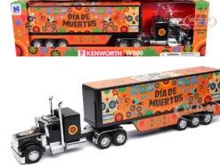 Kenworth W900 Truck Black with Graphics and Dry Van Trailer "Dia De Muertos" 1/32 Diecast Model by New Ray