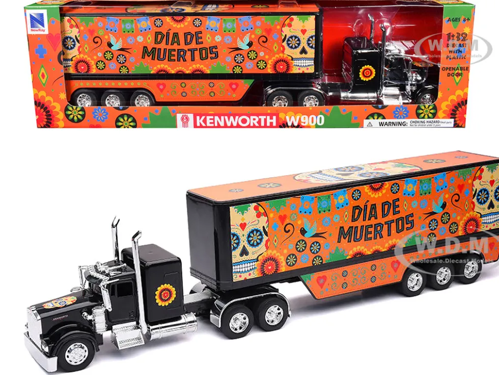Kenworth W900 Truck Black with Graphics and Dry Van Trailer "Dia De Muertos" 1/32 Diecast Model by New Ray
