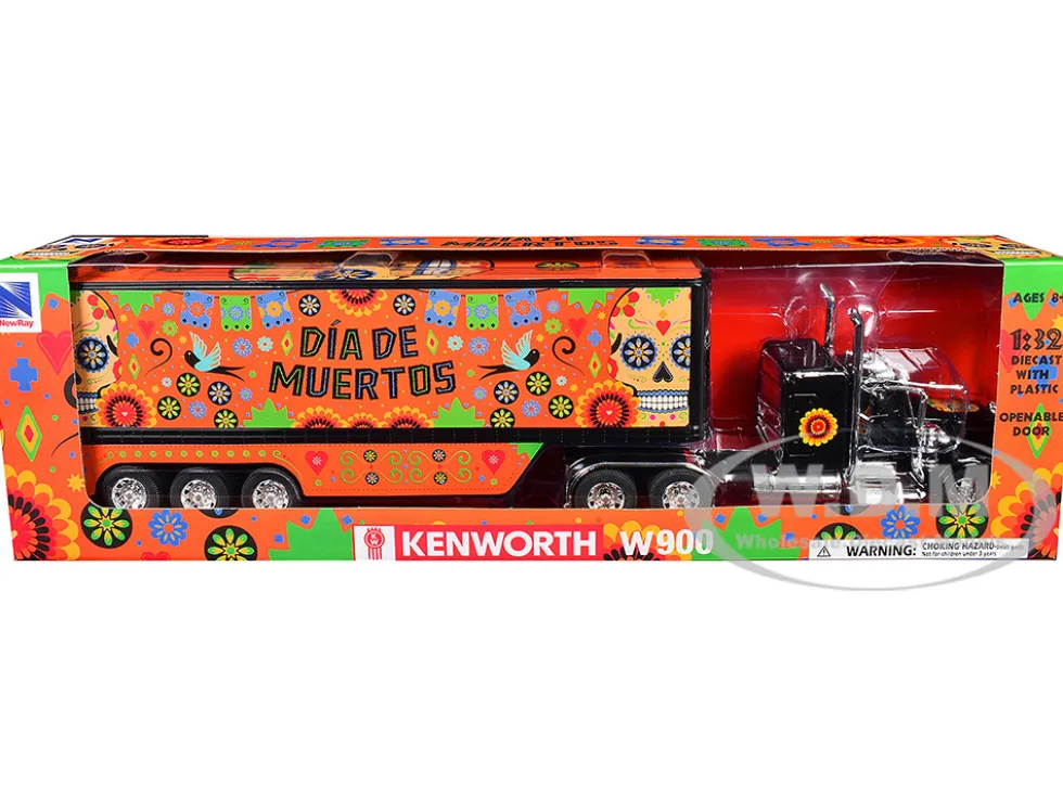 Kenworth W900 Truck Black with Graphics and Dry Van Trailer "Dia De Muertos" 1/32 Diecast Model by New Ray