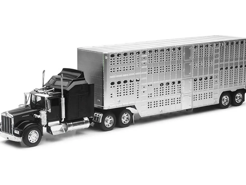 Kenworth W900 Truck Black with Pot Belly Livestock Chrome "Long Haul Truckers" Series 1/32 Diecast Model by New Ray
