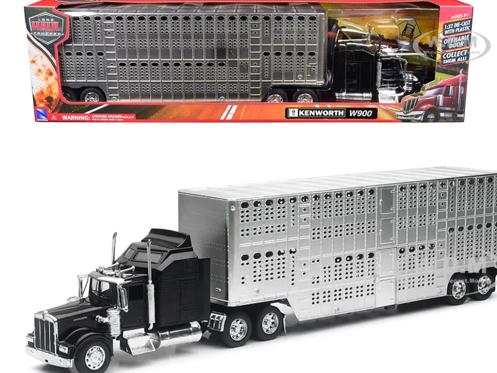 Kenworth W900 Truck Black with Pot Belly Livestock Chrome "Long Haul Truckers" Series 1/32 Diecast Model by New Ray