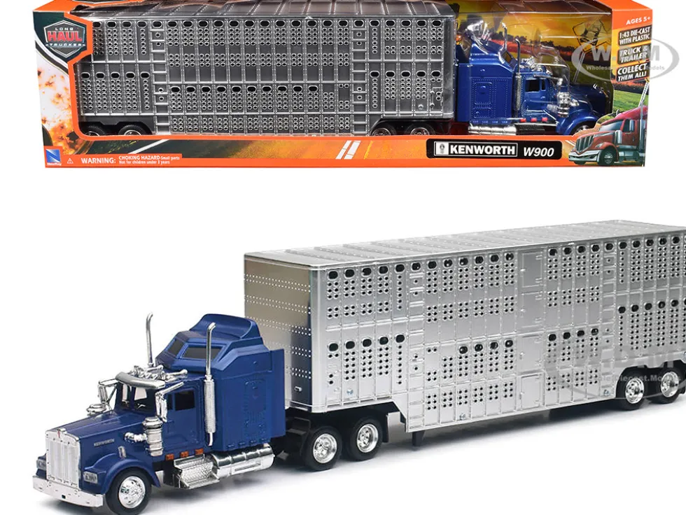 Kenworth W900 Truck Blue with Potbelly Livestock Trailer Chrome "Long Haul Truckers" Series 1/43 Diecast Model by New Ray