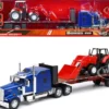 Kenworth W900 Truck with Flatbed Trailer Blue Metallic with Farm Tractor Red Long Haul Truckers Series 1/32 Diecast Model New Ray SS-10373A