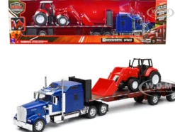 Kenworth W900 Truck with Flatbed Trailer Blue Metallic with Farm Tractor Red Long Haul Truckers Series 1/32 Diecast Model New Ray SS-10373A