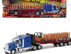Kenworth W900 Truck with Flatbed Trailer Blue with Forklift and Pallets Long Haul Truckers Series 1/32 Diecast Model New Ray SS-10263A