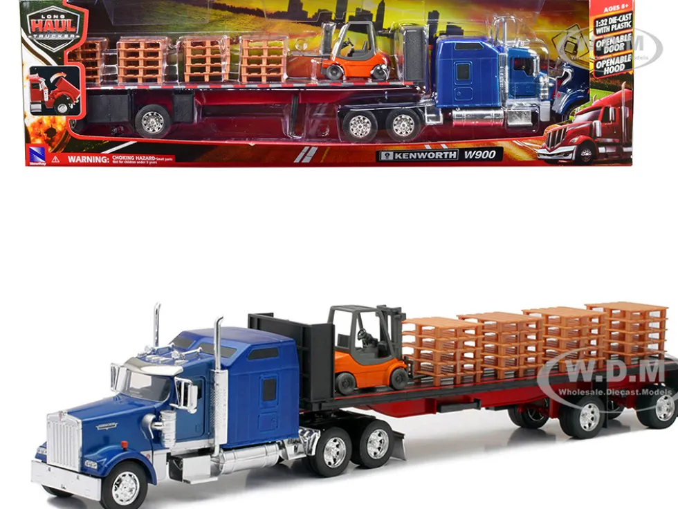 Kenworth W900 Truck with Flatbed Trailer Blue with Forklift and Pallets Long Haul Truckers Series 1/32 Diecast Model New Ray SS-10263A