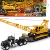 Kenworth W900 Truck with Lowboy Trailer Black and Crane Yellow Long Haul Trucker Series 1/32 Diecast Model New Ray 11293E