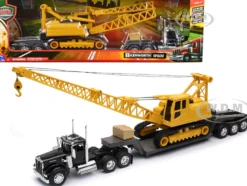 Kenworth W900 Truck with Lowboy Trailer Black and Crane Yellow Long Haul Trucker Series 1/32 Diecast Model New Ray 11293E