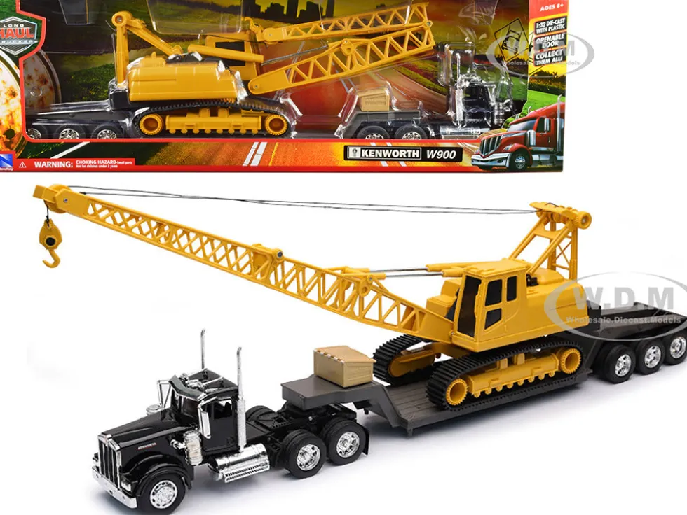Kenworth W900 Truck with Lowboy Trailer Black and Crane Yellow Long Haul Trucker Series 1/32 Diecast Model New Ray 11293E