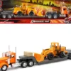 Kenworth W900 Truck with Lowboy Trailer Orange and Wheel Loader Yellow Long Haul Trucker Series 1/32 Diecast Model New Ray 10623