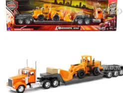 Kenworth W900 Truck with Lowboy Trailer Orange and Wheel Loader Yellow Long Haul Trucker Series 1/32 Diecast Model New Ray 10623