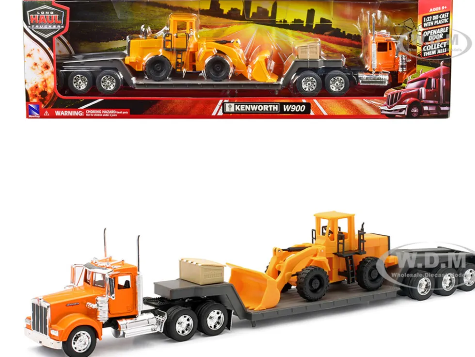 Kenworth W900 Truck with Lowboy Trailer Orange and Wheel Loader Yellow Long Haul Trucker Series 1/32 Diecast Model New Ray 10623
