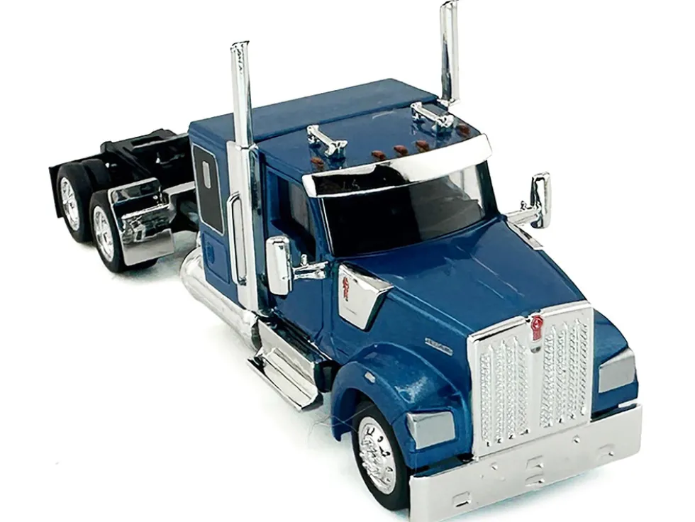 Kenworth W990 with Flat Top Sleeper Cab Blue Metallic 1/87 (HO) Plastic Model Car by HO Logistics
