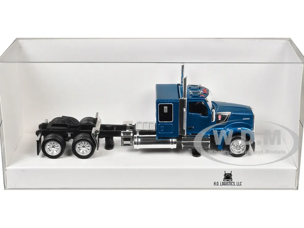 Kenworth W990 with Flat Top Sleeper Cab Blue Metallic 1/87 (HO) Plastic Model Car by HO Logistics
