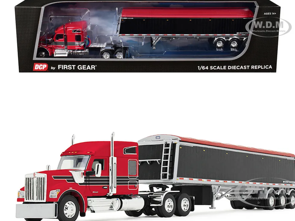 Kenworth W990 with 76" Mid-Roof Sleeper and Lode King Distinction Hopper Trailer Red and Black 1/64 Diecast Model by DCP/First Gear