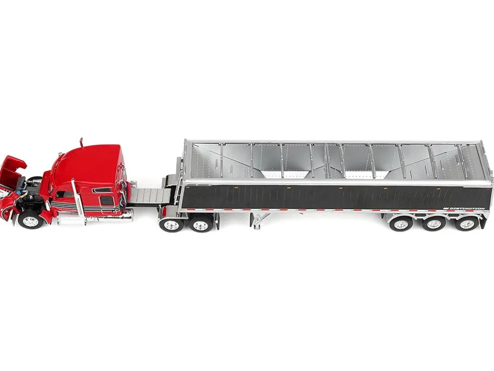 Kenworth W990 with 76" Mid-Roof Sleeper and Lode King Distinction Hopper Trailer Red and Black 1/64 Diecast Model by DCP/First Gear