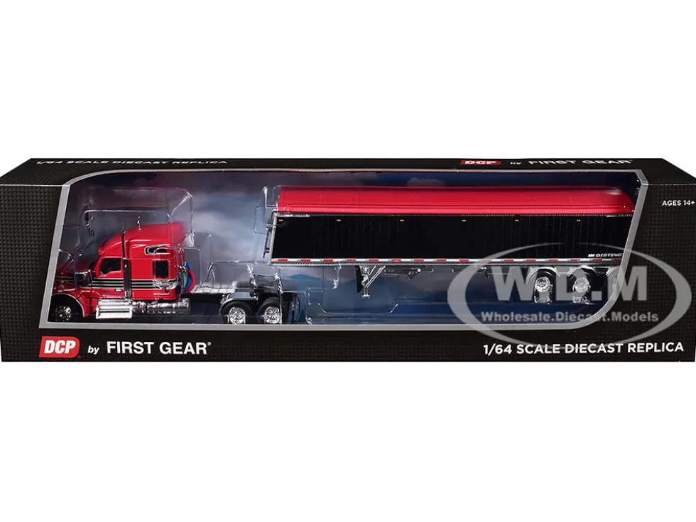 Kenworth W990 with 76" Mid-Roof Sleeper and Lode King Distinction Hopper Trailer Red and Black 1/64 Diecast Model by DCP/First Gear