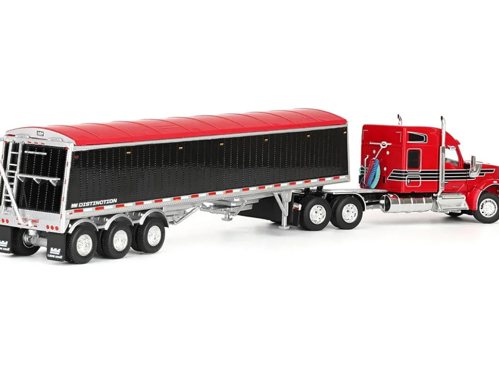 Kenworth W990 with 76" Mid-Roof Sleeper and Lode King Distinction Hopper Trailer Red and Black 1/64 Diecast Model by DCP/First Gear