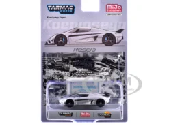 Koenigsegg Regera Silver Metallic with Blue Accents and Collectible Tarmac Cards "Global64" Series 1/64 Diecast Model by Tarmac Works