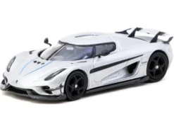 Koenigsegg Regera Silver Metallic with Blue Accents and Collectible Tarmac Cards "Global64" Series 1/64 Diecast Model by Tarmac Works