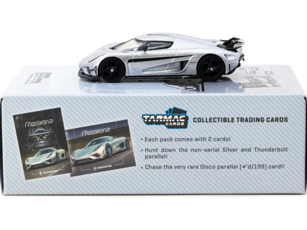 Koenigsegg Regera Silver Metallic with Blue Accents and Collectible Tarmac Cards "Global64" Series 1/64 Diecast Model by Tarmac Works