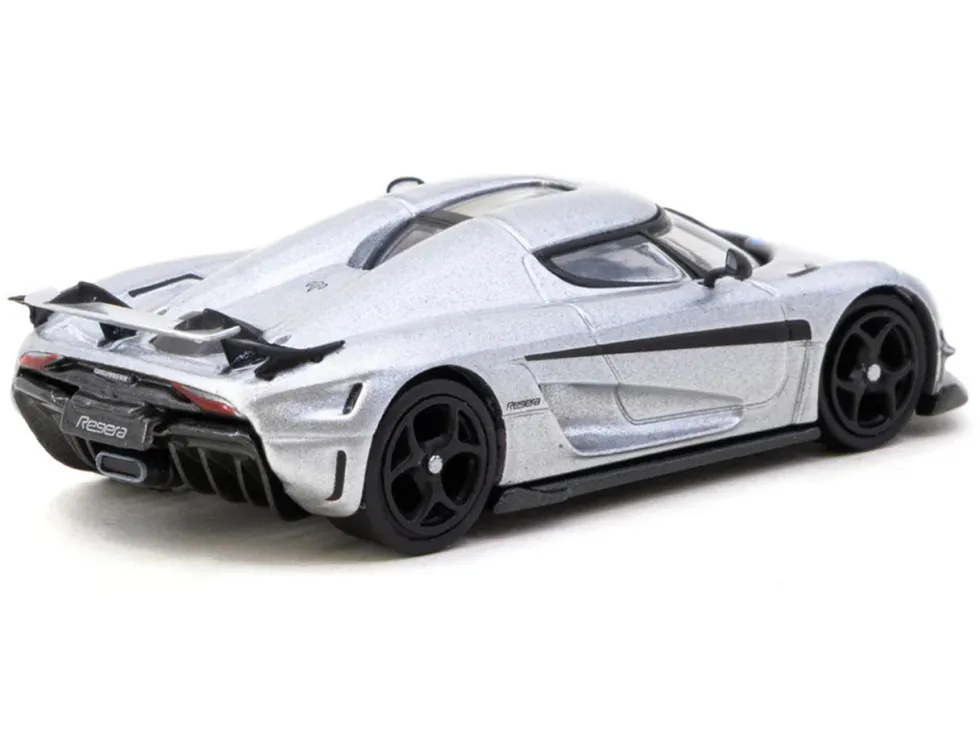 Koenigsegg Regera Silver Metallic with Blue Accents and Collectible Tarmac Cards "Global64" Series 1/64 Diecast Model by Tarmac Works