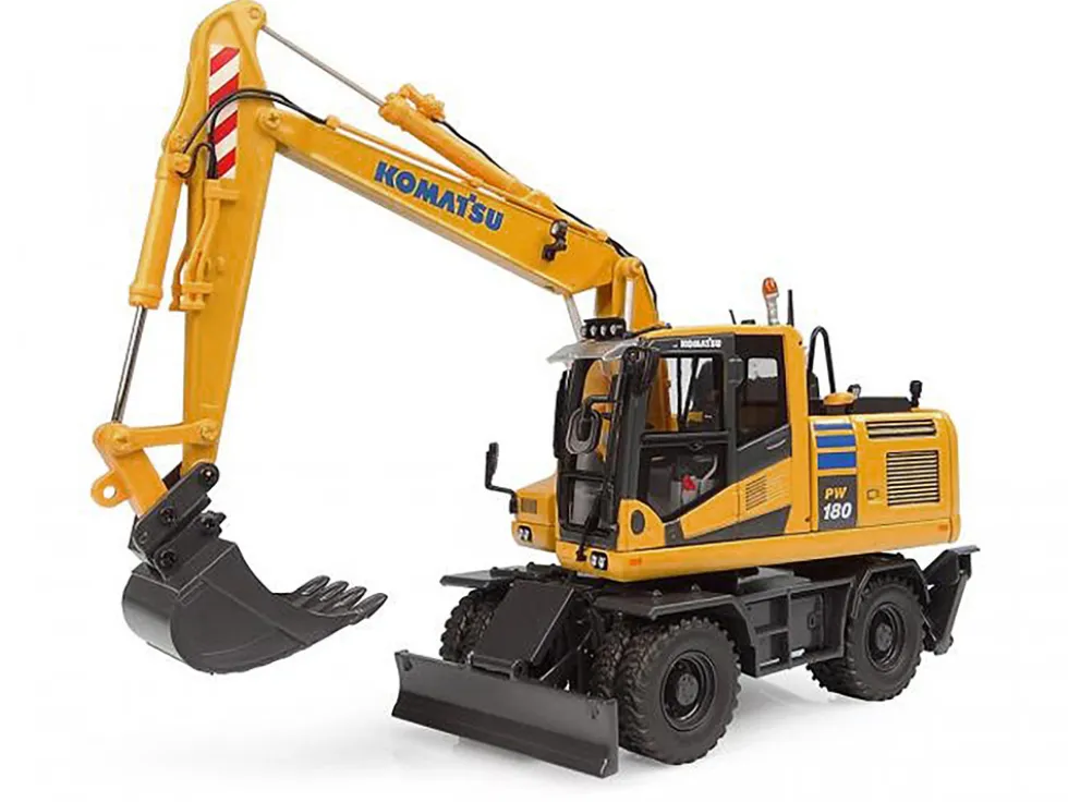 Komatsu PW180-11 Excavator Yellow with Standard Bucket and Hydraulic Breaker 1/50 Diecast Model by Universal Hobbies