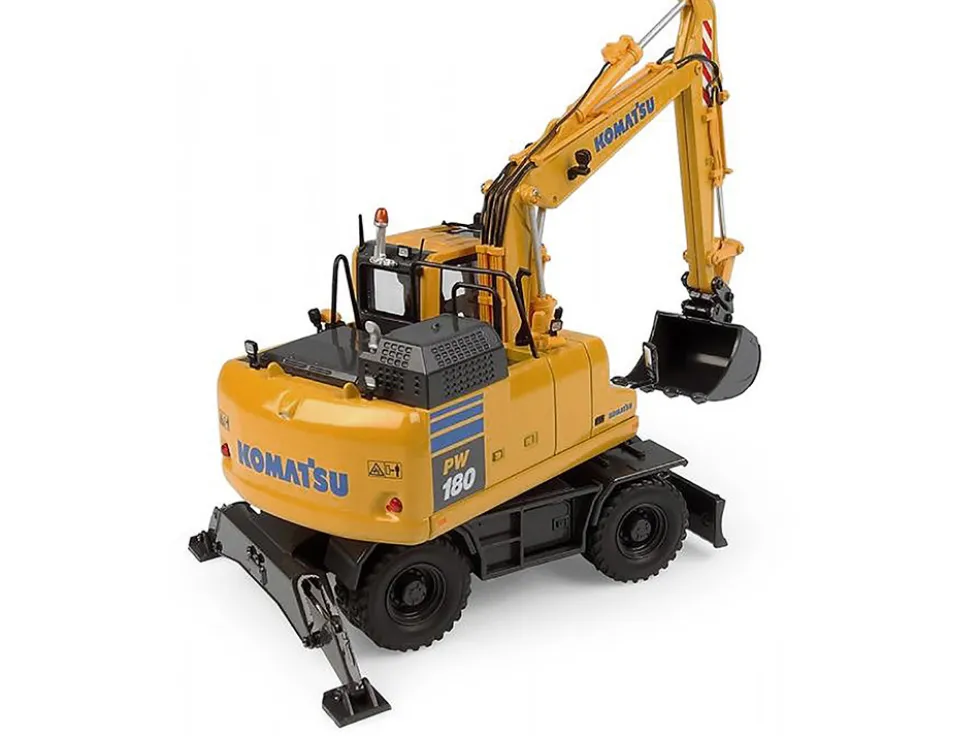 Komatsu PW180-11 Excavator Yellow with Standard Bucket and Hydraulic Breaker 1/50 Diecast Model by Universal Hobbies