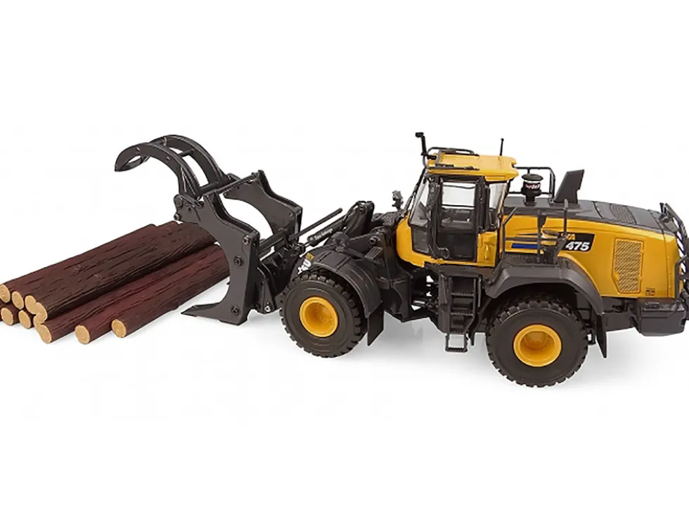 Komatsu WA475-10 Wheel Loader Yellow with Log Grapple and Log Accessories 1/50 Diecast Model by Universal Hobbies