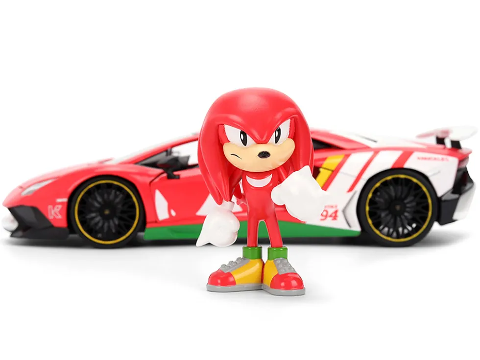 Lamborghini Aventador SV Red with Graphics and Knuckles Diecast Figure "Sonic The Hedgehog" Franchise "Hollywood Rides" Series 1/24 Diecast Model by Jada