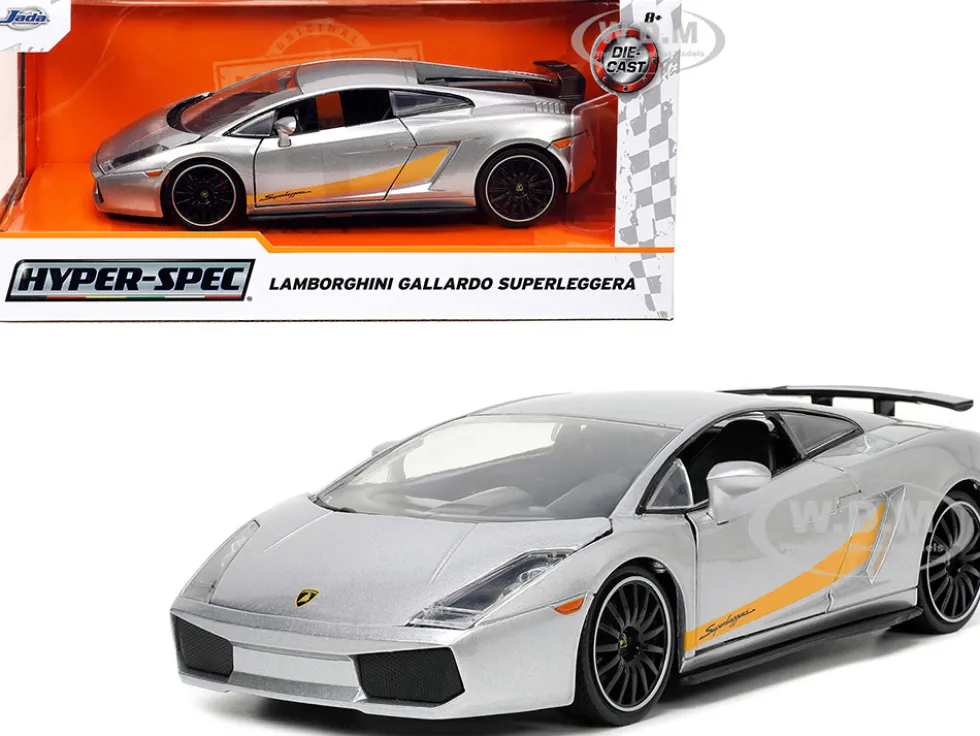 Lamborghini Gallardo Superleggera Silver Metallic with Yellow Stripes Hyper-Spec Series 1/24 Diecast Model Car Jada 34027