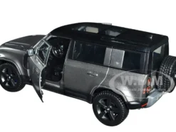 2022 Land Rover Defender 110 Dark Silver Metallic with Black Top and Sunroof 1/24 Diecast Model Car Bburago 21101sil