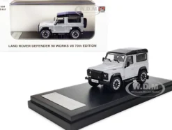 Land Rover Defender 90 Works V8 Silver Metallic Black Top 70th Edition 1/64 Diecast Model Car LCD Models LCD64016