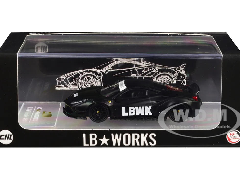 LB Works 488 "LBWK" Matt Black 1/64 Diecast Model Car by CM Model