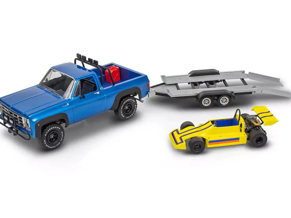 Level 3 Model Kit 1978 Chevrolet Off-Road 4x4 Pickup Truck and "Malibu Grand Prix" Virage with Trailer "Fantasy Formula" 1/25 Scale Model by Revell