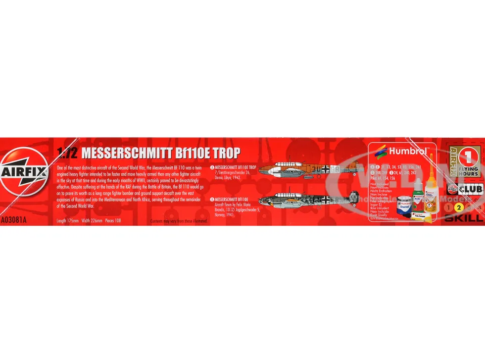 Level 2 Model Kit Messerschmitt Bf110E/E-2 TROP Fighter Aircraft with 2 Scheme Options 1/72 Plastic Model Kit by Airfix