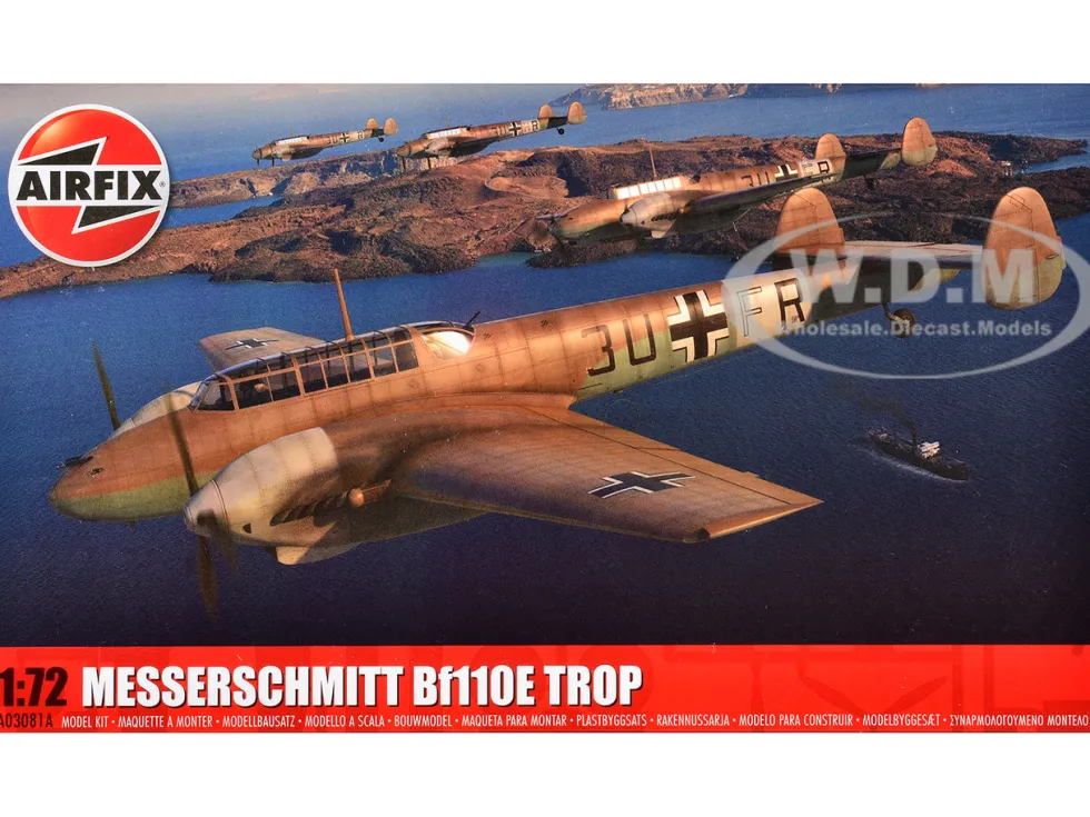 Level 2 Model Kit Messerschmitt Bf110E/E-2 TROP Fighter Aircraft with 2 Scheme Options 1/72 Plastic Model Kit by Airfix
