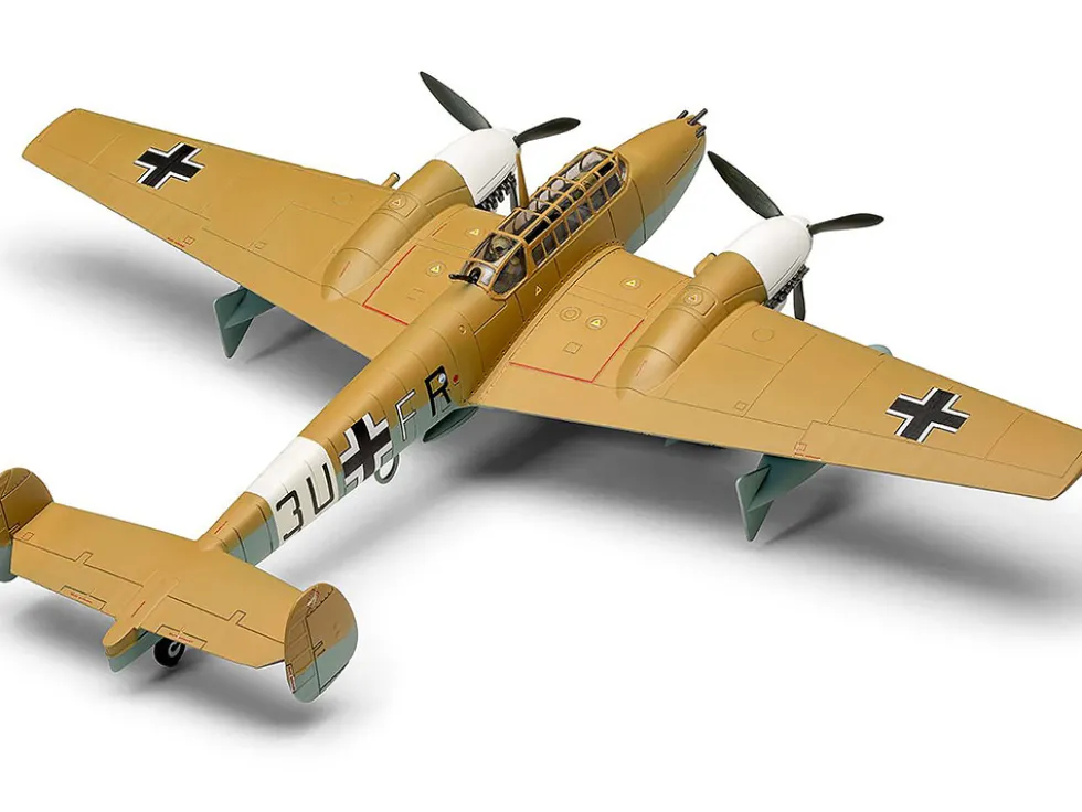 Level 2 Model Kit Messerschmitt Bf110E/E-2 TROP Fighter Aircraft with 2 Scheme Options 1/72 Plastic Model Kit by Airfix