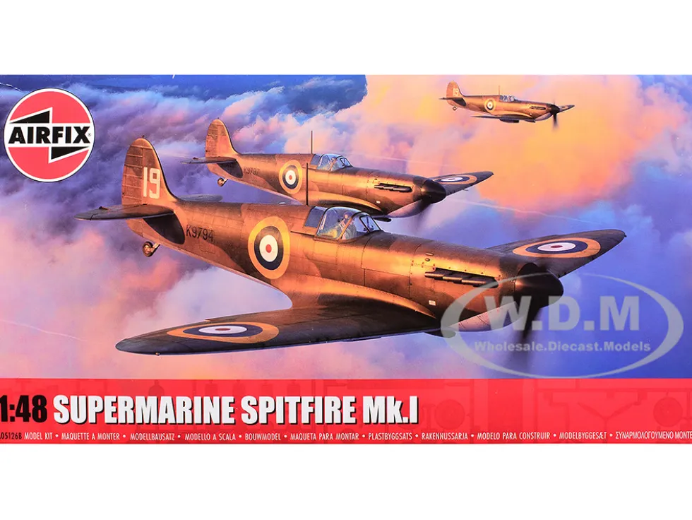 Level 2 Model Kit Supermarine Spitfire Mk.I Fighter Aircraft with 3 Scheme Options 1/48 Plastic Model Kit by Airfix