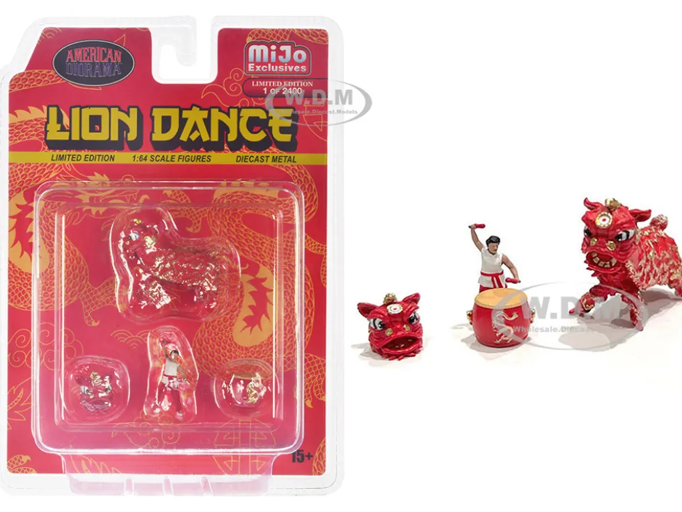 Lion Dance 4 piece Diecast Figure Set 1 Figures 1 Lion 2 Accessories Limited Edition to 2400 pieces Worldwide for 1/64 Scale Models American Diorama AD-2403MJ