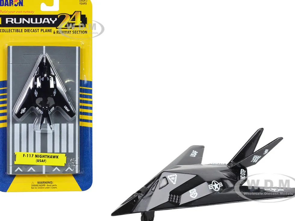 Lockheed F 117 Nighthawk Stealth Aircraft Black United States Air Force with Runway Section Diecast Model Airplane Runway24 RW100