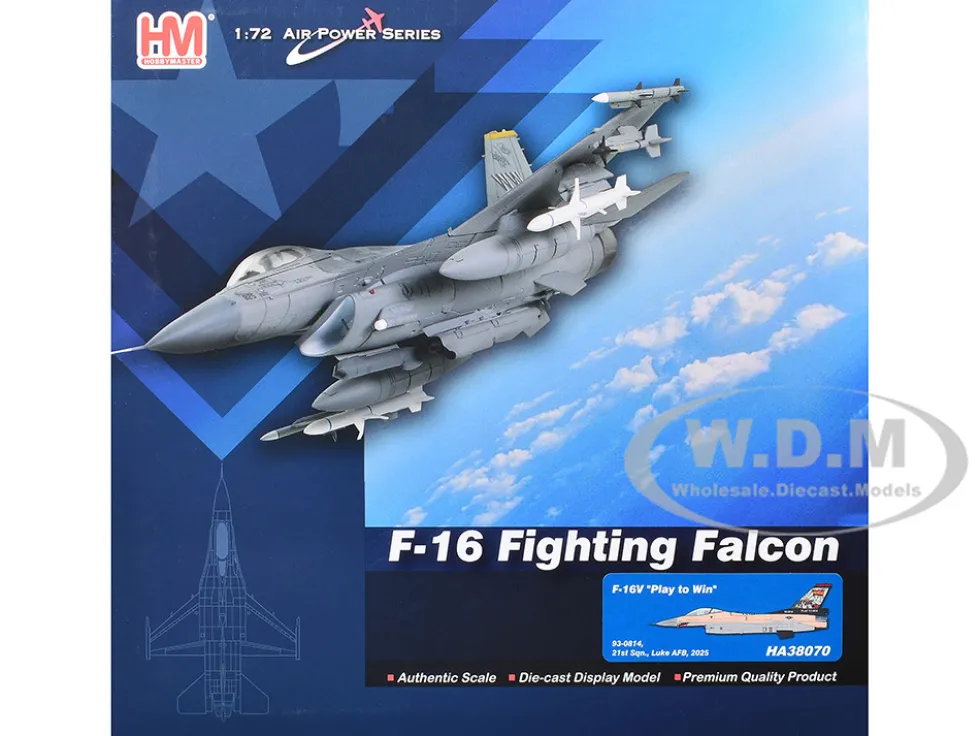 Lockheed F-16V Fighting Falcon Fighter Aircraft "93-0814, Play to Win, 21st Sqn., Luke AFB" (2025) United States Air Force "Air Power Series" 1/72 Diecast Model by Hobby Master