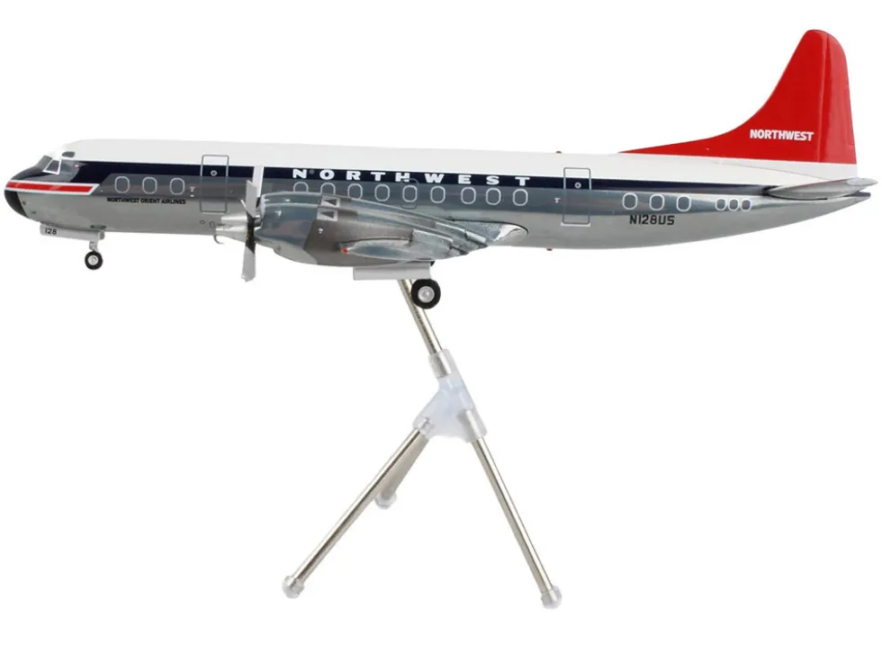 Lockheed L-188 Electra Commercial Aircraft "Northwest Orient" (N128US) White and Gray with Blue Stripes and Red Tail "Gemini 200" Series 1/200 Diecast Model Airplane by GeminiJets