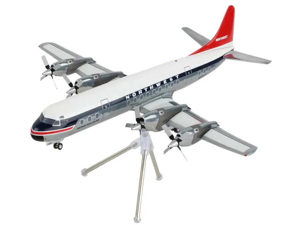 Lockheed L-188 Electra Commercial Aircraft "Northwest Orient" (N128US) White and Gray with Blue Stripes and Red Tail "Gemini 200" Series 1/200 Diecast Model Airplane by GeminiJets