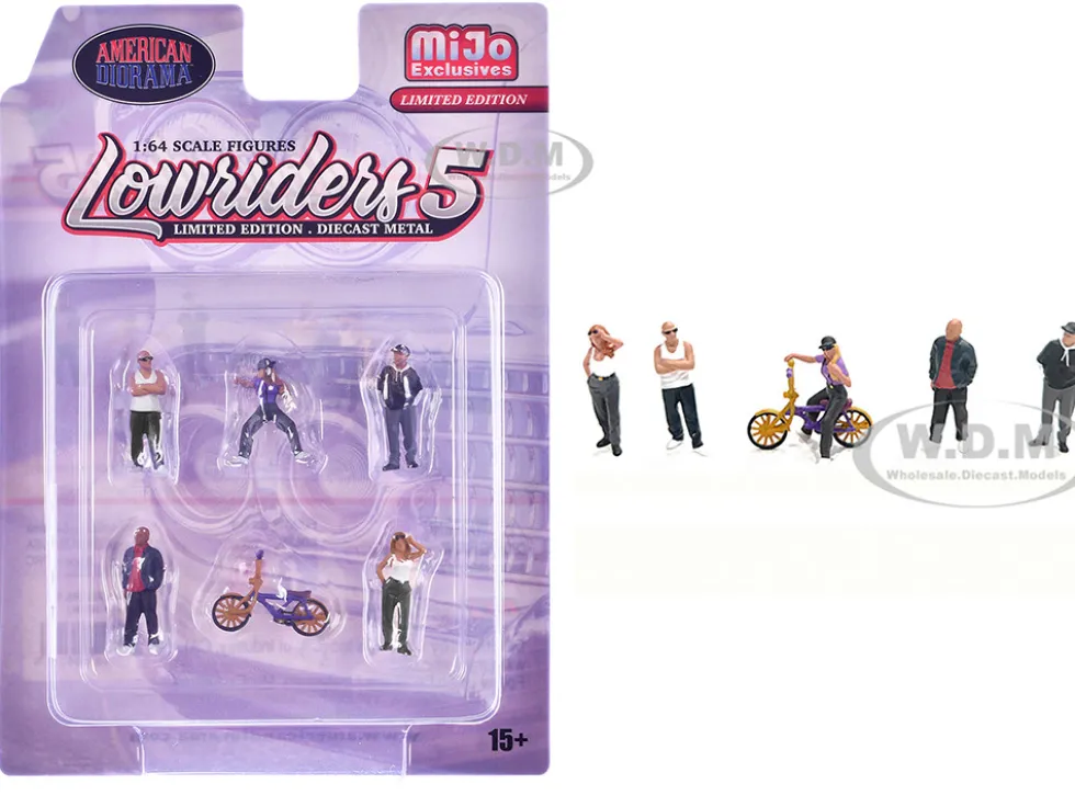 Lowriders #5 6 piece (5 People, 1 Bicycle) Diecast Figures Set 1/64 Scale Models by American Diorama