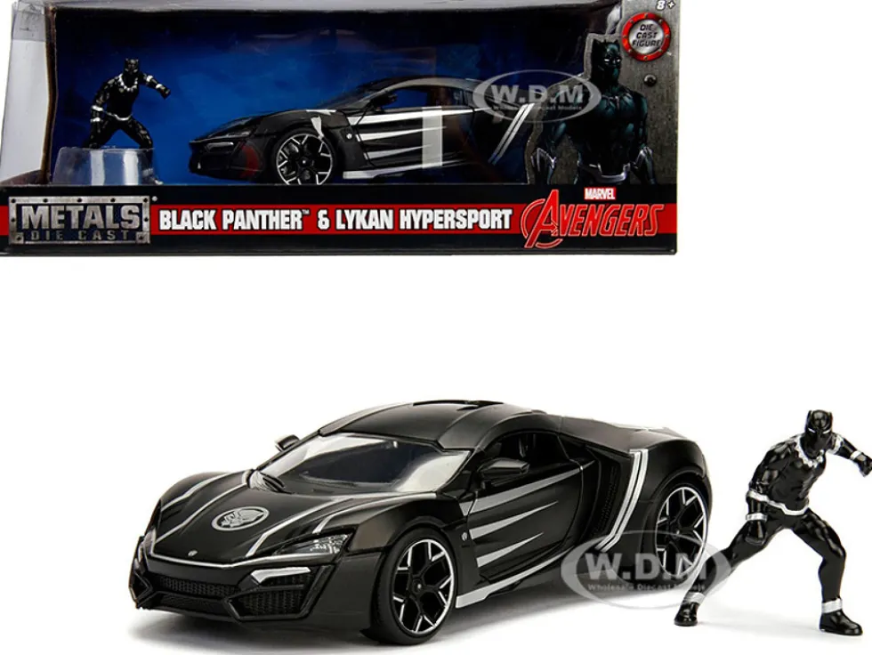 Lykan Hypersport Black with Black Panther Diecast Figurine Avengers Marvel Series 1/24 Diecast Model Car Jada 99723