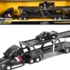 Mack Anthem Open Car Hauler Black with Red and White Stripes "Kenzie's Transport Services" and 1993 Chevrolet 454 SS Pickup Truck Black "Transporters" Series 1/64 Diecast Models by Maisto